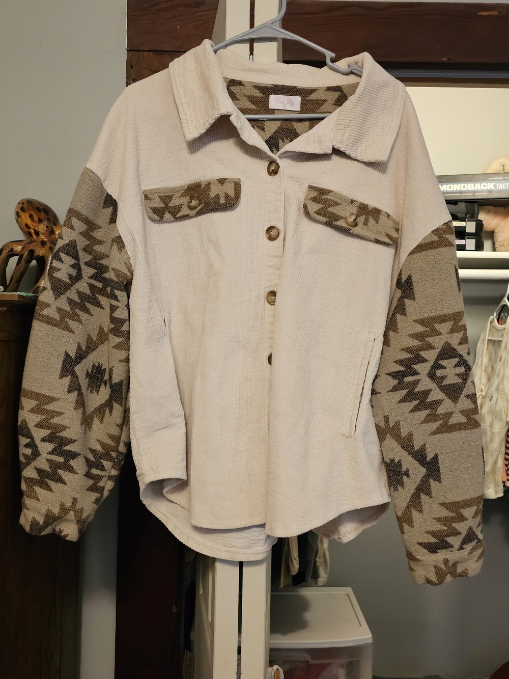 Cozy Aztec-Trim Shacket - Cream & Brown